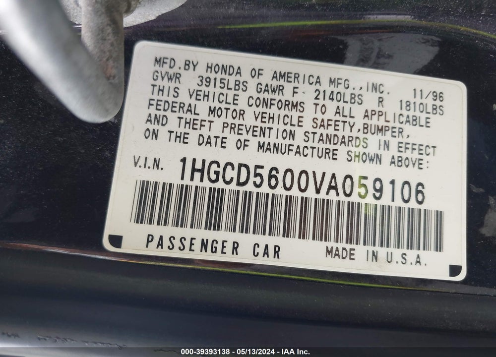 1997 HONDA ACCORD SE VIN: 1HGCD5600VA059106