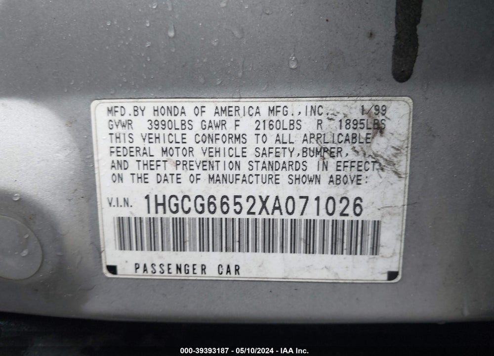 1999 HONDA ACCORD LX VIN: 1HGCG6652XA071026