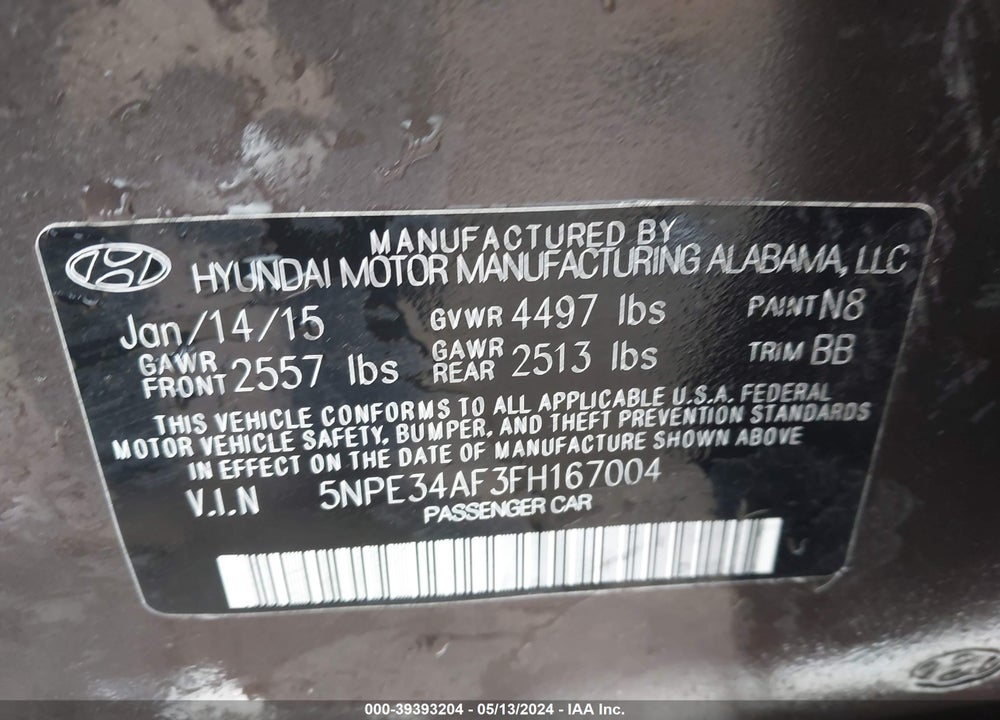 2015 HYUNDAI SONATA SPORT VIN: 5NPE34AF3FH167004