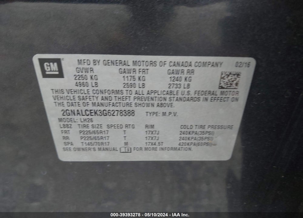 2016 CHEVROLET EQUINOX LT VIN: 2GNALCEK3G6278388