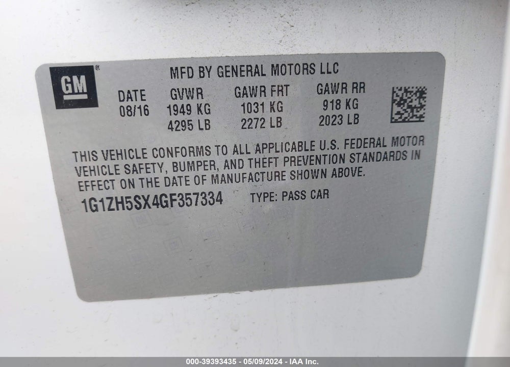 2016 CHEVROLET MALIBU PREMIER VIN: 1G1ZH5SX4GF357334