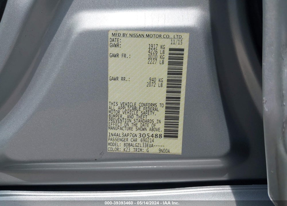 2016 NISSAN ALTIMA 2.5/2.5 S/2.5 SL/2.5 SR/2.5 SV VIN: 1N4AL3AP7GN305488