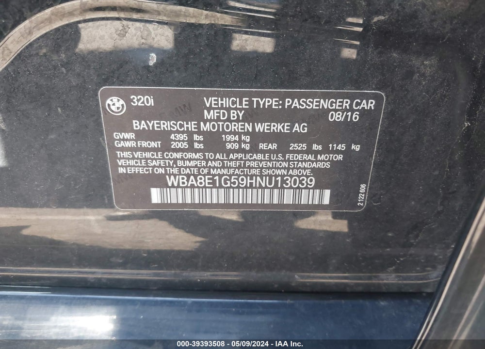 2017 BMW 320I VIN: WBA8E1G59HNU13039