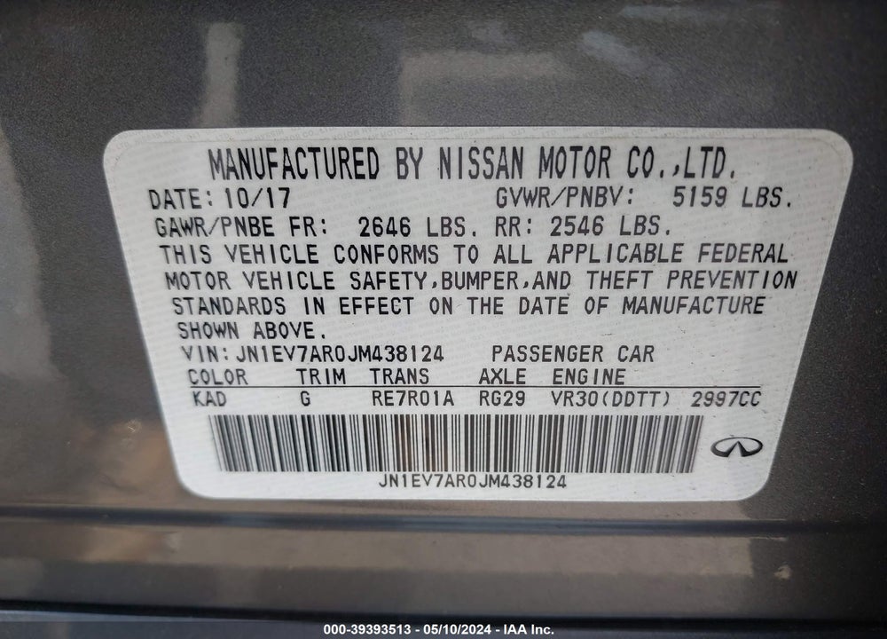 2018 INFINITI Q50 3.0T LUXE VIN: JN1EV7AR0JM438124