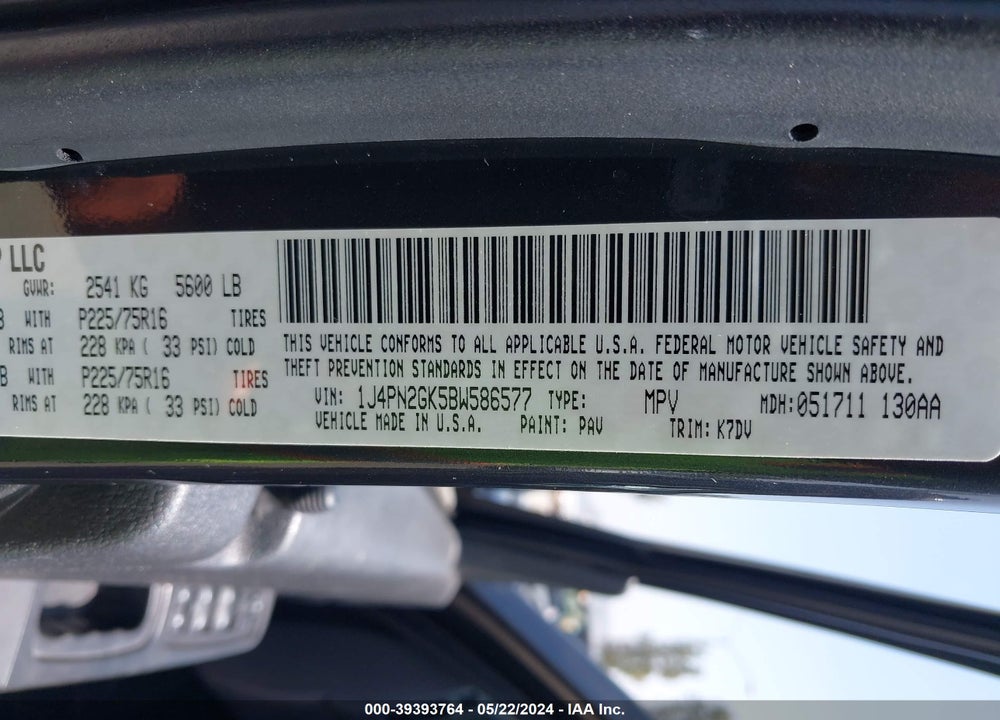 2011 JEEP LIBERTY SPORT VIN: 1J4PN2GK5BW586577