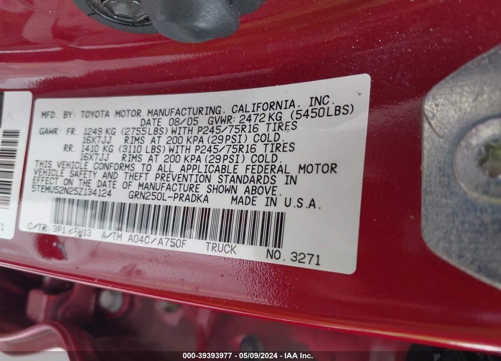 2005 TOYOTA TACOMA BASE V6 VIN: 5TEMU52N25Z134124