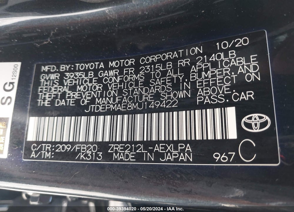 2021 TOYOTA COROLLA LE VIN: JTDEPMAE8MJ149422