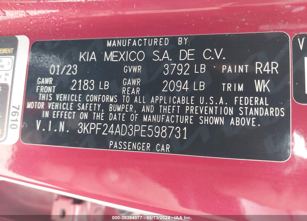 2023 KIA FORTE LXS VIN: 3KPF24AD3PE598731