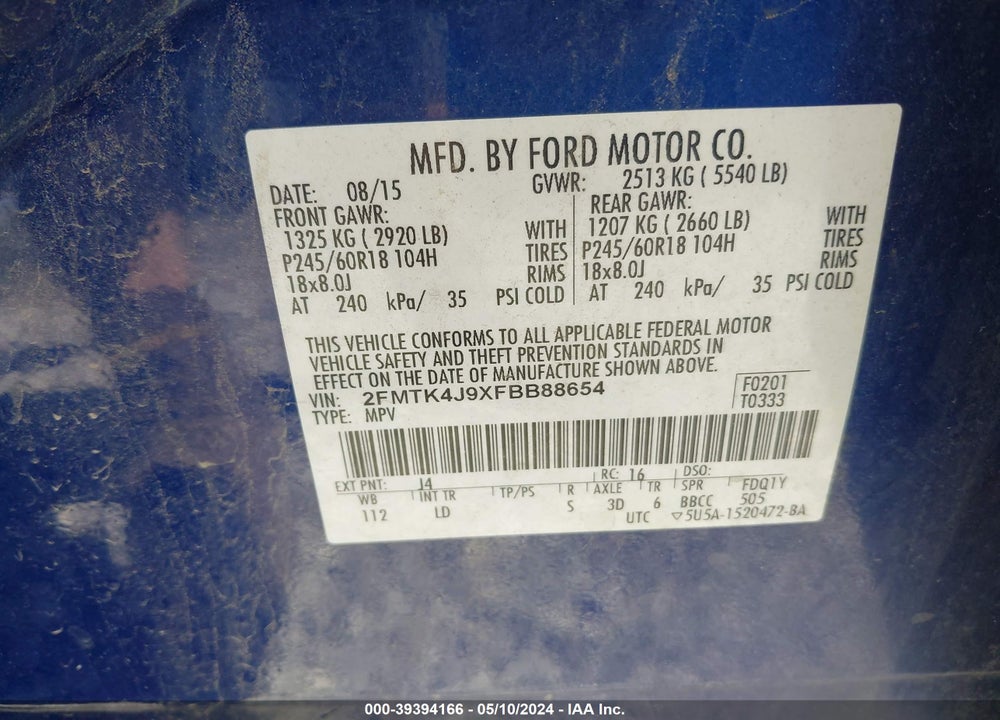 2015 FORD EDGE SEL VIN: 2FMTK4J9XFBB88654