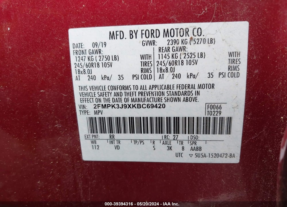2019 FORD EDGE SEL VIN: 2FMPK3J9XKBC69420