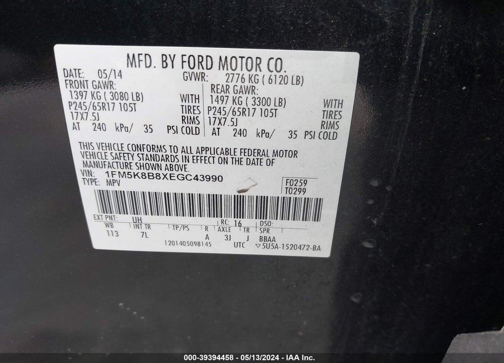 2014 FORD EXPLORER VIN: 1FM5K8B8XEGC43990