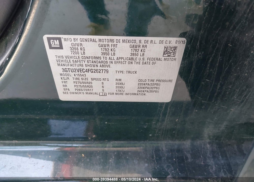 2015 GMC SIERRA 1500 SLT VIN: 3GTU2VEC4FG262779