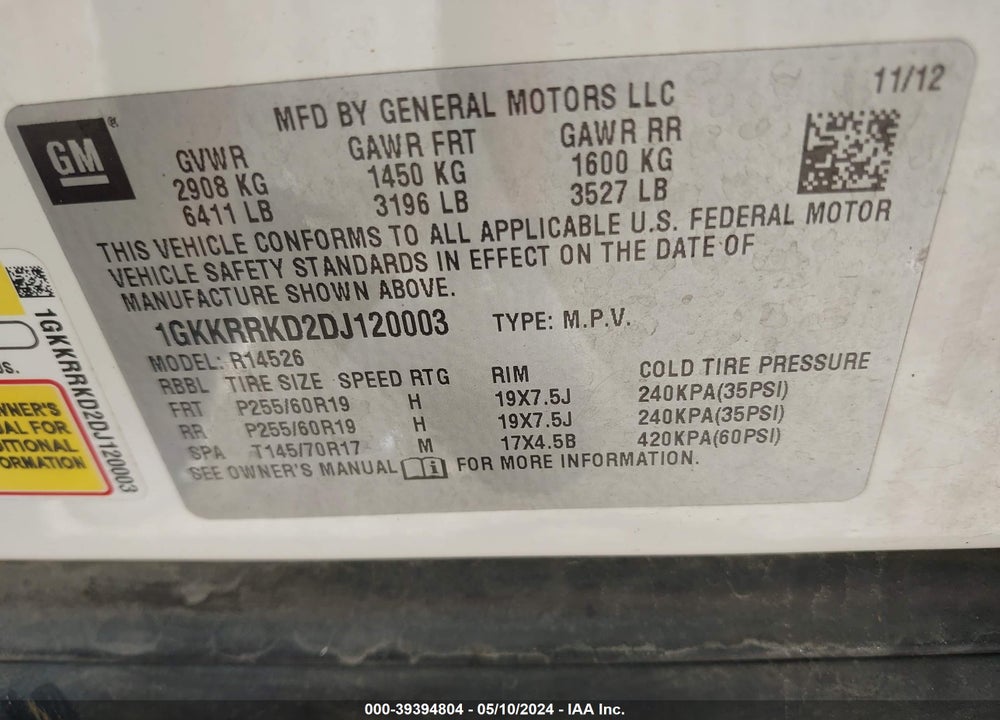 2013 GMC ACADIA SLT-1 VIN: 1GKKRRKD2DJ120003