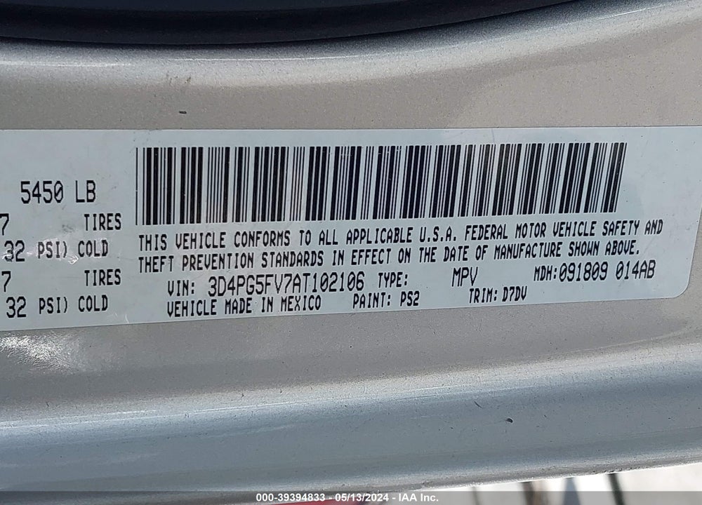 2010 DODGE JOURNEY SXT VIN: 3D4PG5FV7AT102106