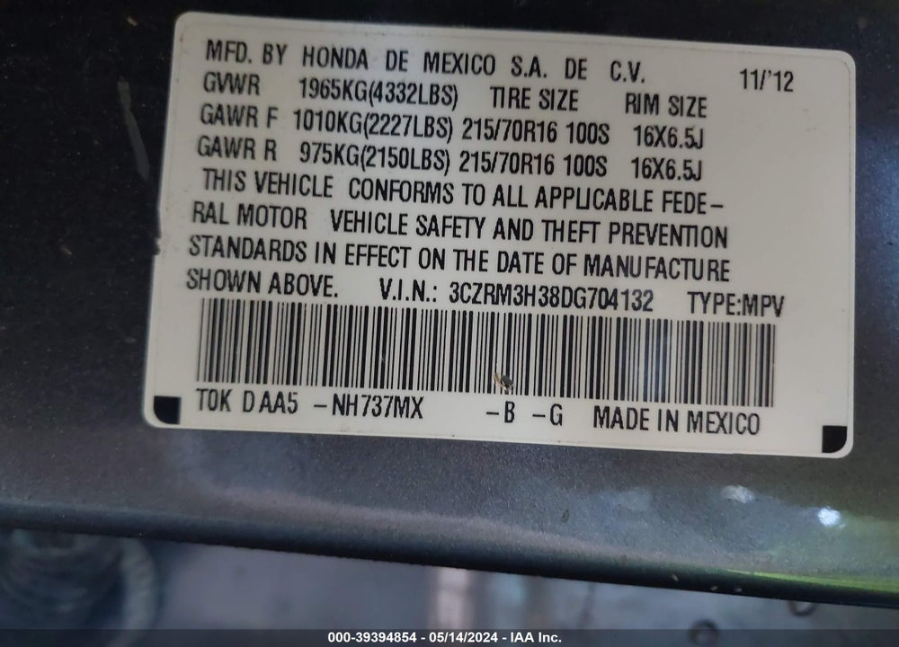 2013 HONDA CR-V LX VIN: 3CZRM3H38DG704132