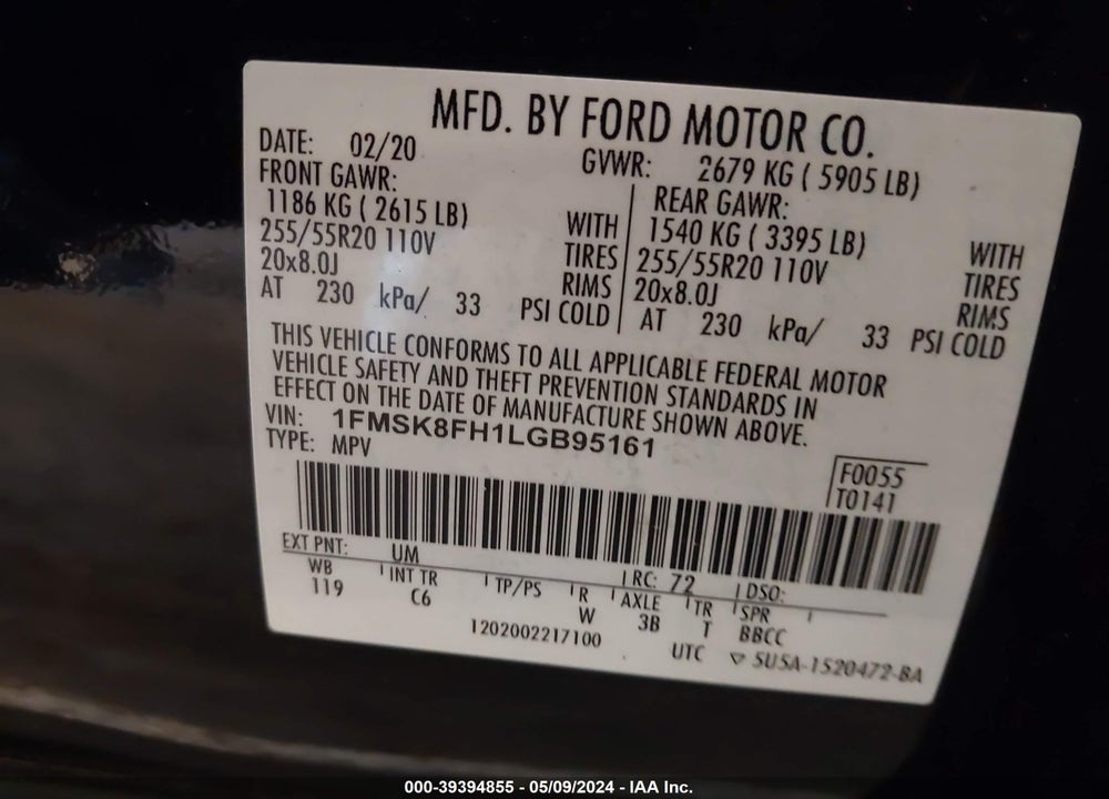 2020 FORD EXPLORER LIMITED VIN: 1FMSK8FH1LGB95161