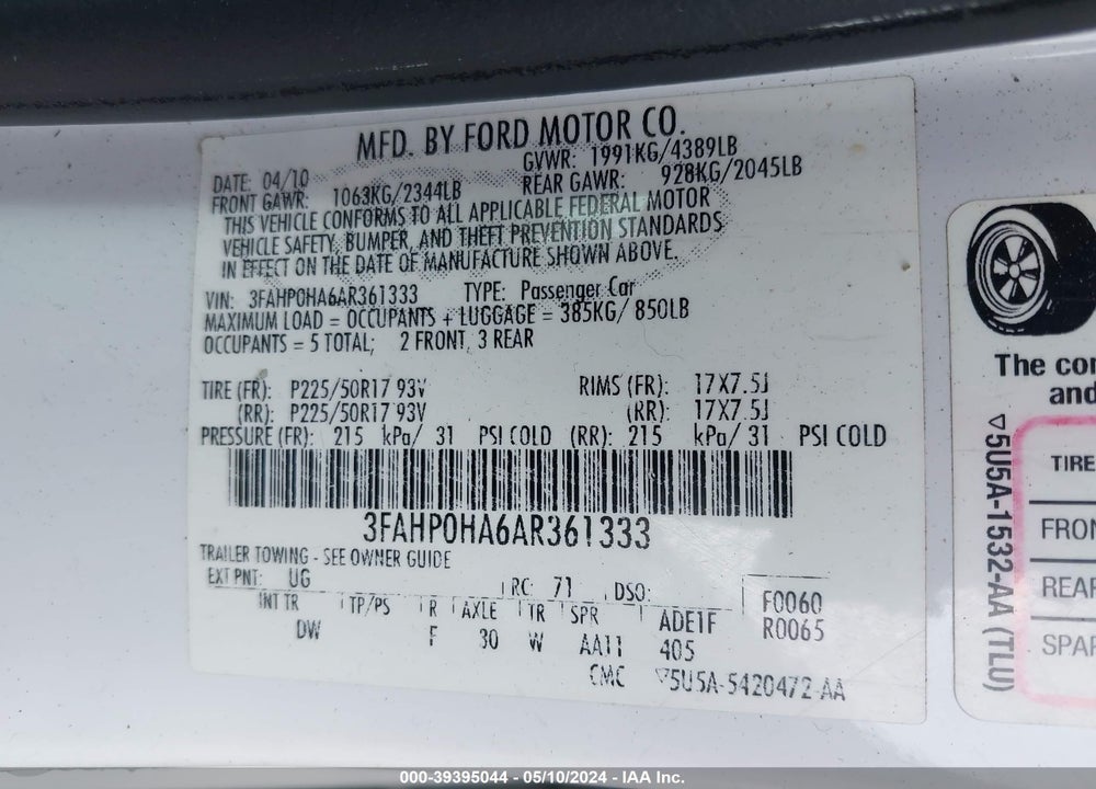 2010 FORD FUSION VIN: 3FAHP0HA6AR361333