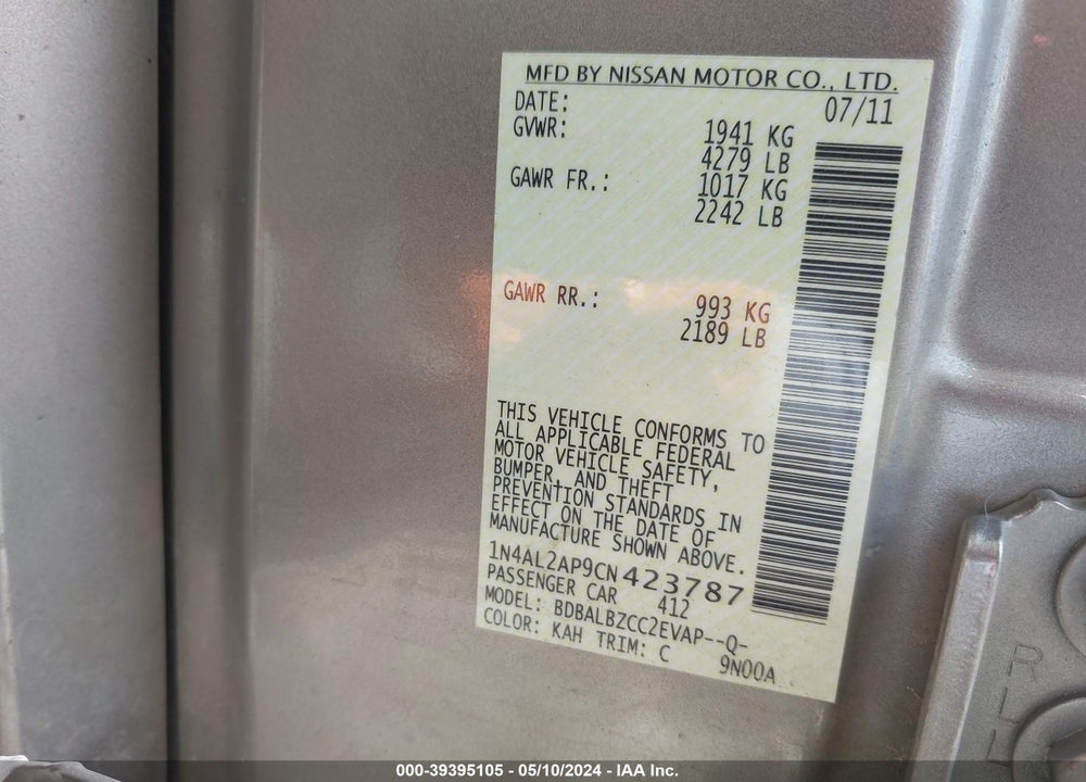 2012 NISSAN ALTIMA 2.5 S VIN: 1N4AL2AP9CN423787