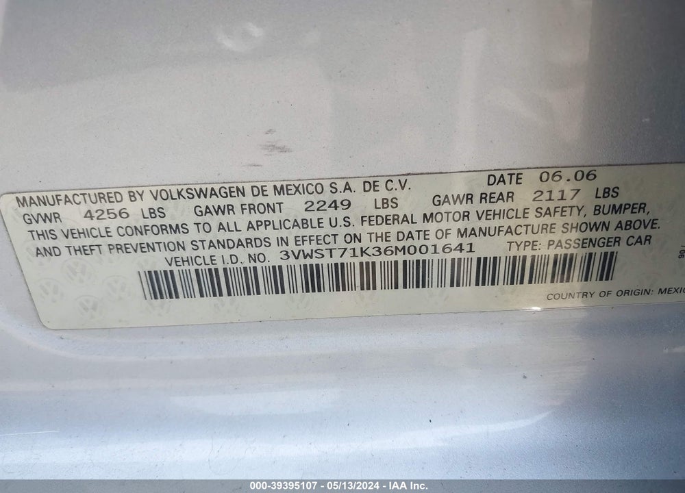 2006 VOLKSWAGEN JETTA TDI VIN: 3VWST71K36M001641