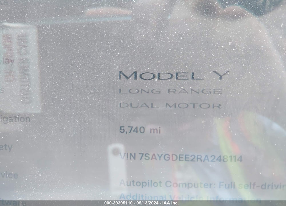 2024 TESLA MODEL Y LONG RANGE DUAL MOTOR ALL-WHEEL DRIVE VIN: 7SAYGDEE2RA248114
