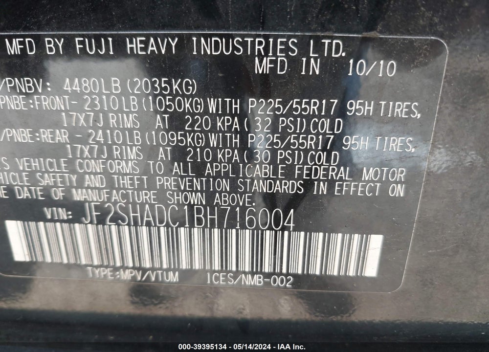 2011 SUBARU FORESTER 2.5X PREMIUM VIN: JF2SHADC1BH716004