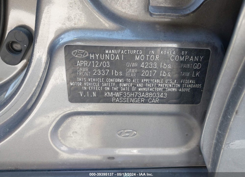 2003 HYUNDAI SONATA GLS/LX VIN: KMHWF35H73A880343