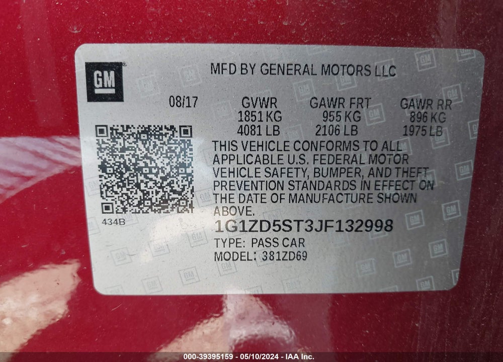 2018 CHEVROLET MALIBU LT VIN: 1G1ZD5ST3JF132998