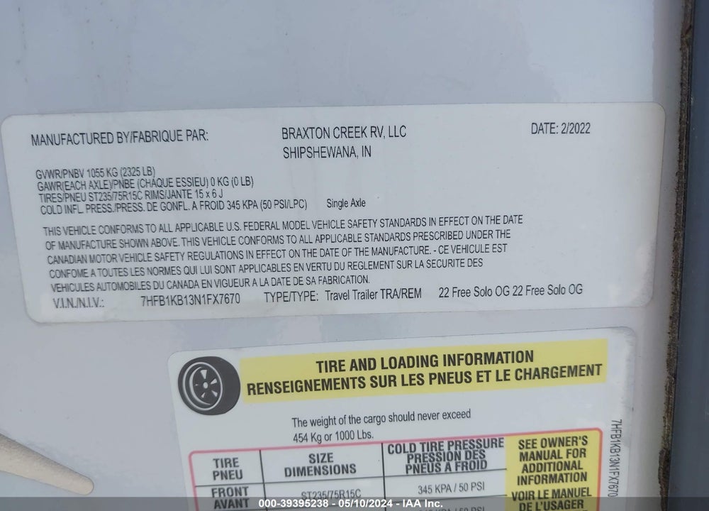 2022 BRAXTON CREEK FREESOLO VIN: 7HFB1KB13N1FX7670
