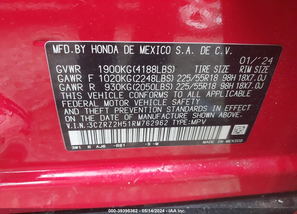 2024 HONDA HR-V AWD SPORT/AWD SPORT W/O BSI VIN: 3CZRZ2H51RM762962