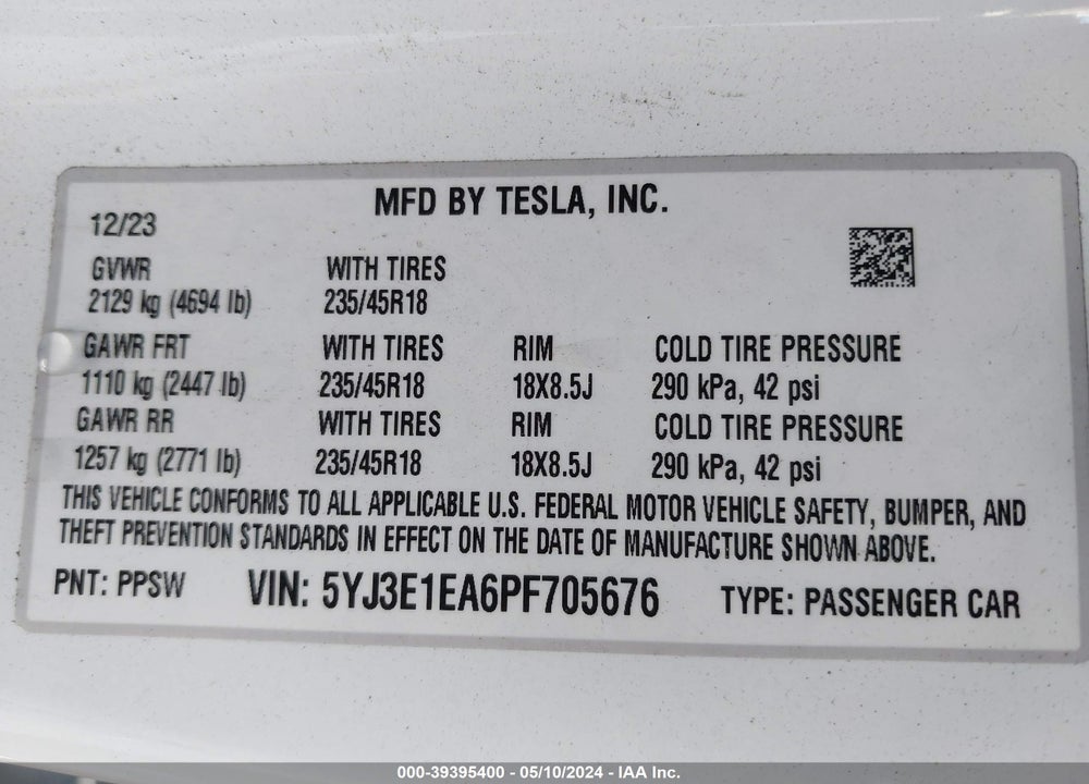 2023 TESLA MODEL 3 REAR-WHEEL DRIVE VIN: 5YJ3E1EA6PF705676