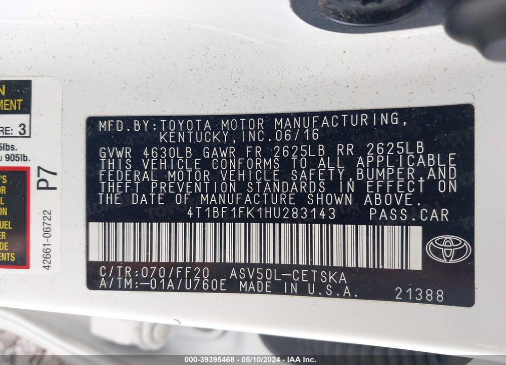 2017 TOYOTA CAMRY SE VIN: 4T1BF1FK1HU283143