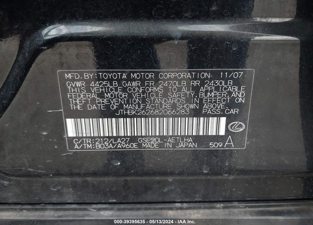 2008 LEXUS IS 250 VIN: JTHBK262682066283