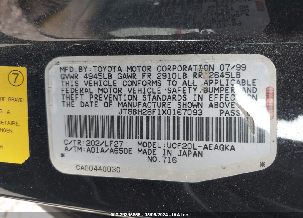 1999 LEXUS LS 400 VIN: JT8BH28F1X0167093