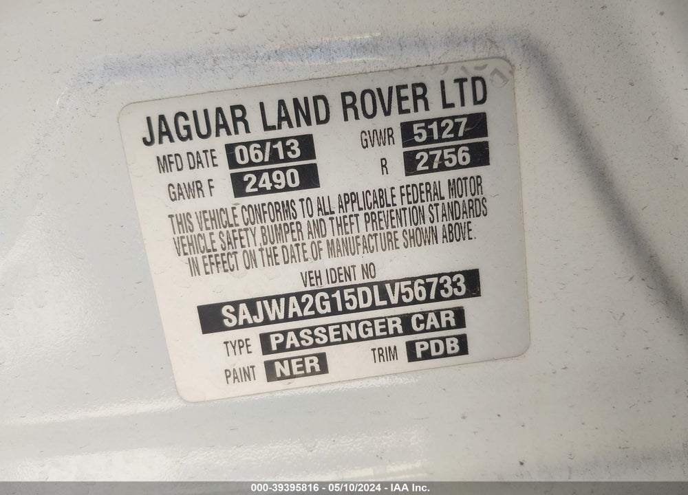 2013 JAGUAR XJ XJL PORTFOLIO VIN: SAJWA2G15DLV56733