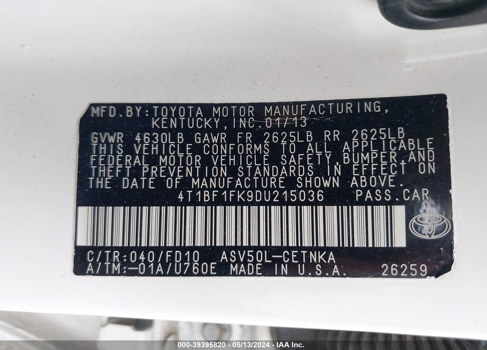 2013 TOYOTA CAMRY LE VIN: 4T1BF1FK9DU215036