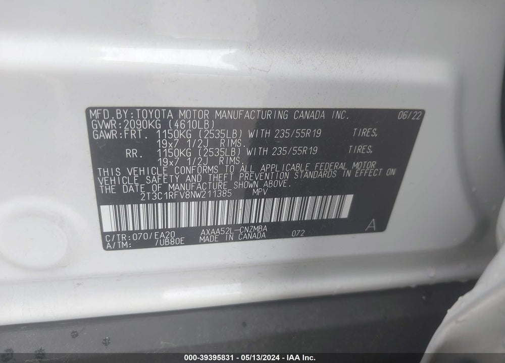 2022 TOYOTA RAV4 XLE PREMIUM VIN: 2T3C1RFV8NW211385