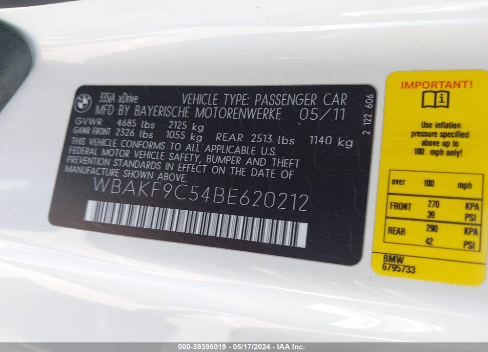 2011 BMW 335I XDRIVE VIN: WBAKF9C54BE620212