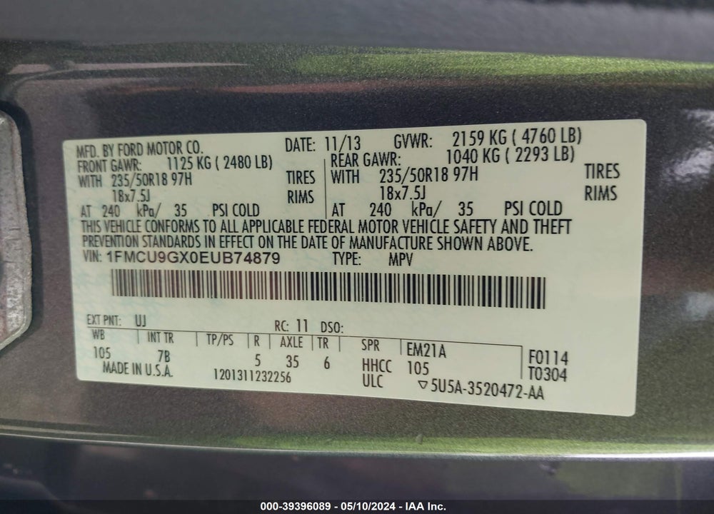 2014 FORD ESCAPE SE VIN: 1FMCU9GX0EUB74879