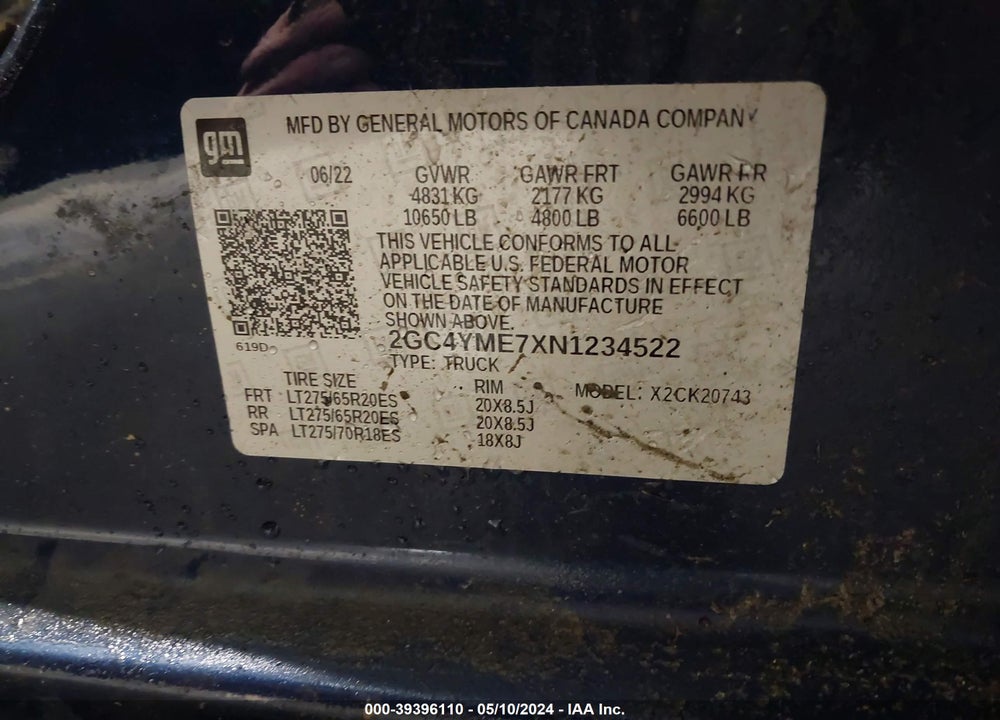 2022 CHEVROLET SILVERADO 2500HD 4WD STANDARD BED CUSTOM VIN: 2GC4YME7XN1234522
