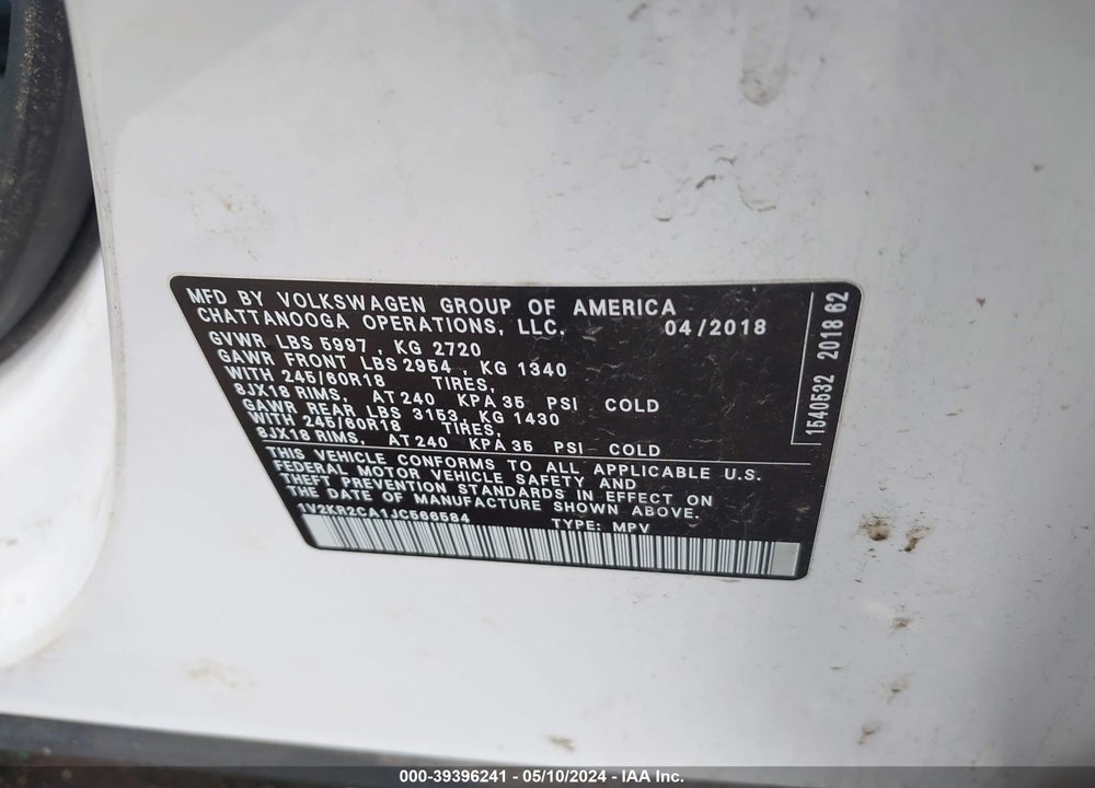 2018 VOLKSWAGEN ATLAS 3.6L V6 SE VIN: 1V2KR2CA1JC566584