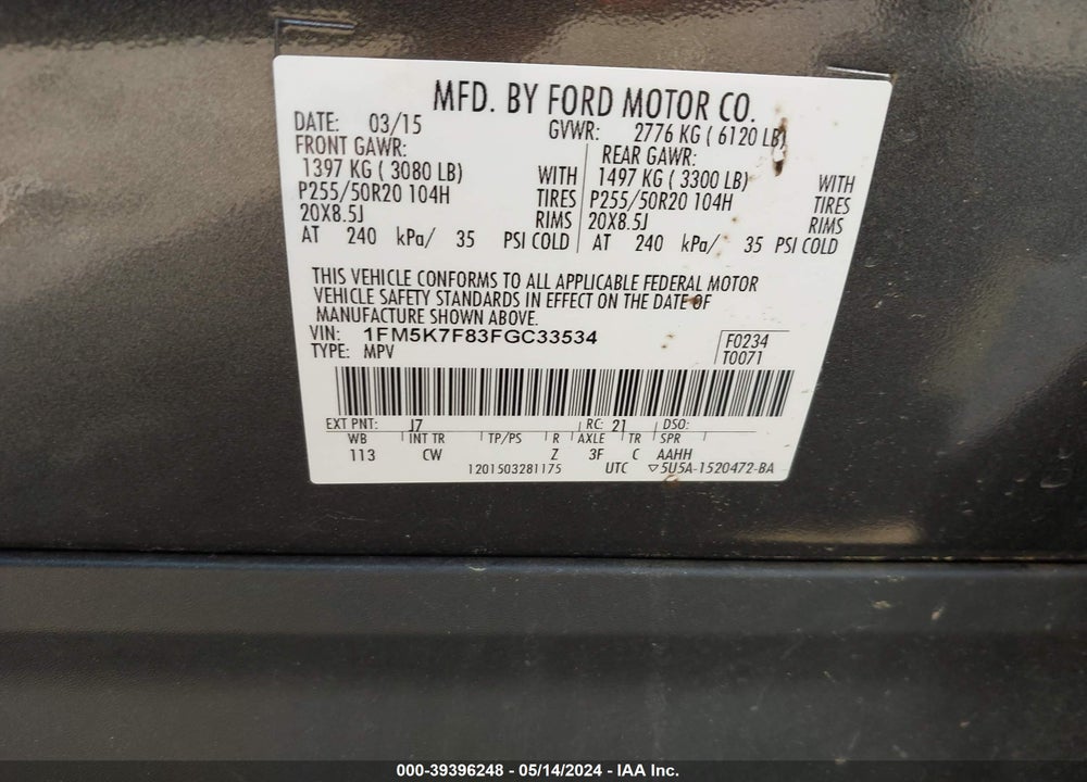 2015 FORD EXPLORER LIMITED VIN: 1FM5K7F83FGC33534
