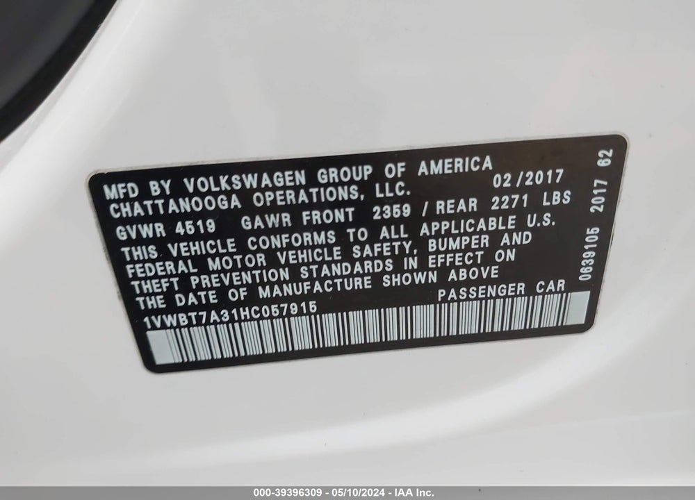 2017 VOLKSWAGEN PASSAT 1.8T SE VIN: 1VWBT7A31HC057915