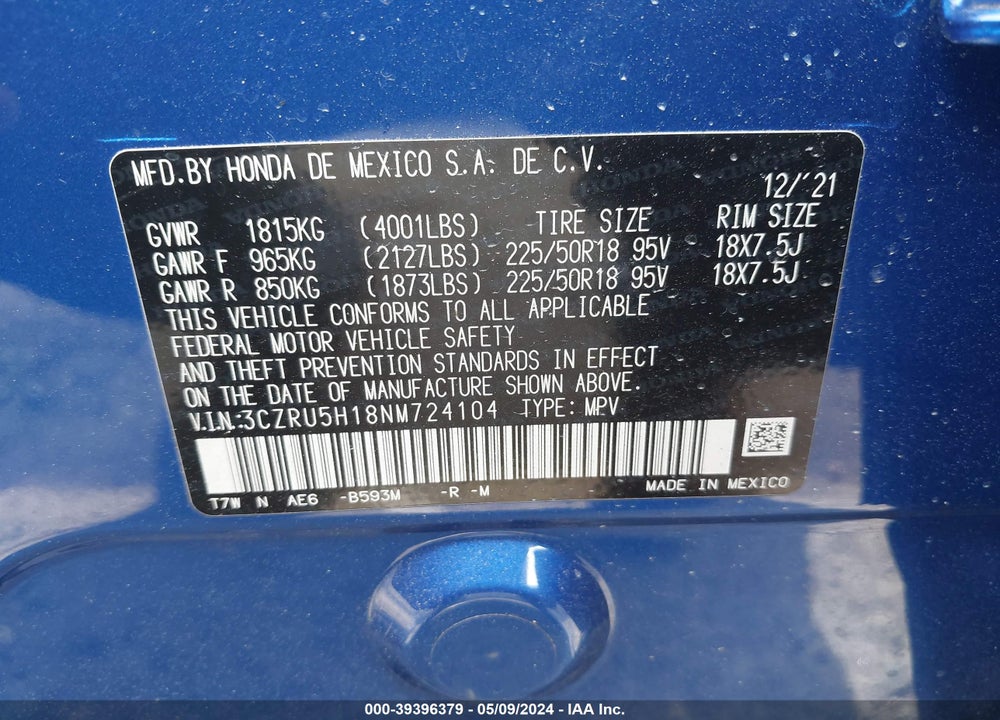 2022 HONDA HR-V 2WD SPORT VIN: 3CZRU5H18NM724104