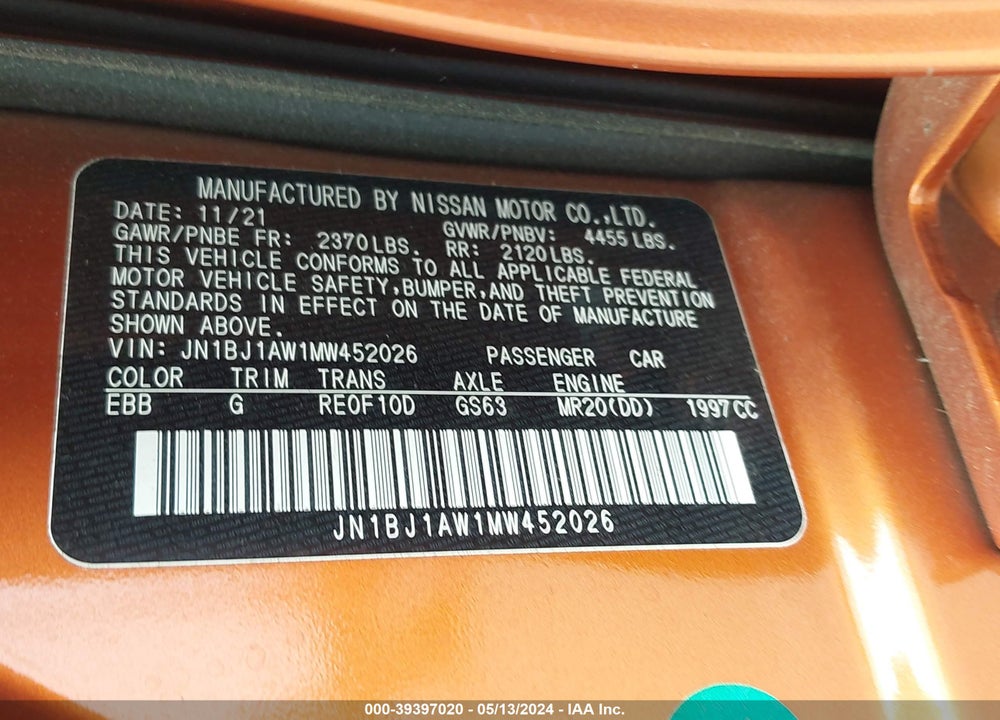 2021 NISSAN ROGUE SPORT S AWD XTRONIC CVT VIN: JN1BJ1AW1MW452026
