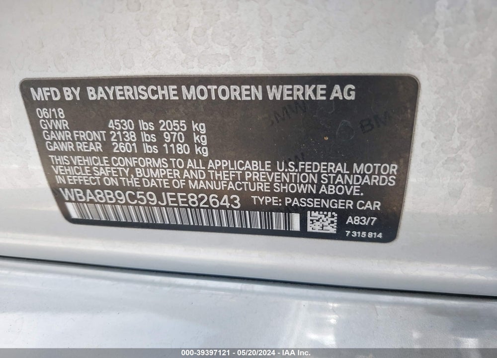 2018 BMW 330I VIN: WBA8B9C59JEE82643