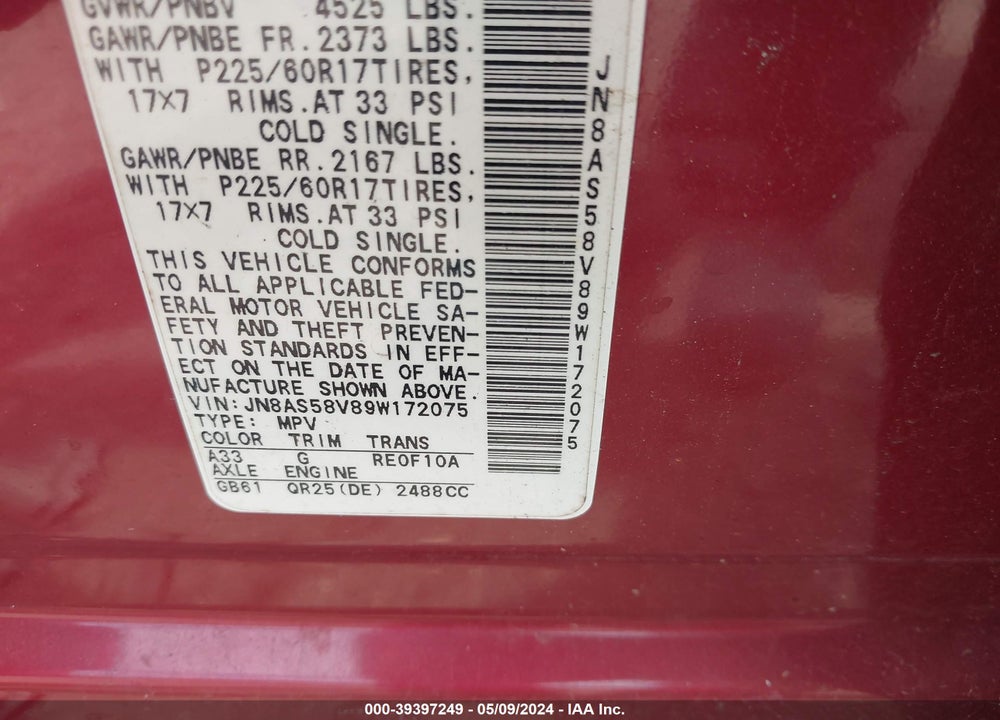 2009 NISSAN ROGUE SL VIN: JN8AS58V89W172075