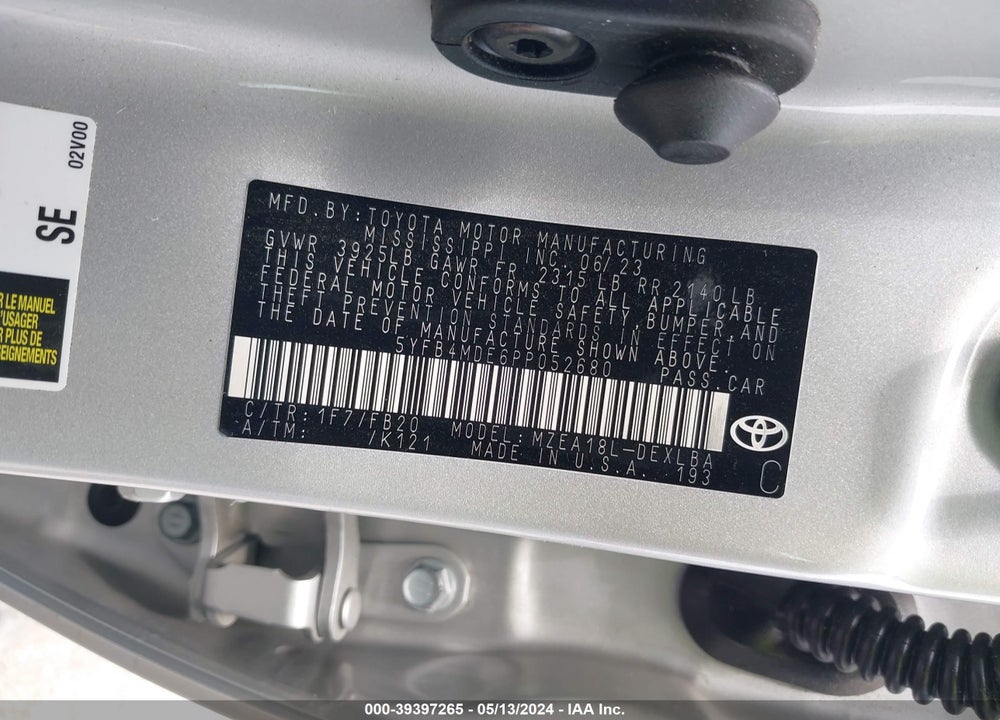 2023 TOYOTA COROLLA LE VIN: 5YFB4MDE6PP052680
