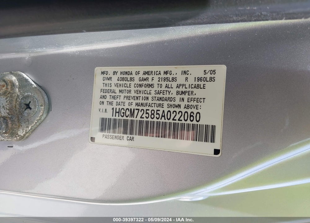 2005 HONDA ACCORD 2.4 LX SPECIAL EDITION VIN: 1HGCM72585A022060