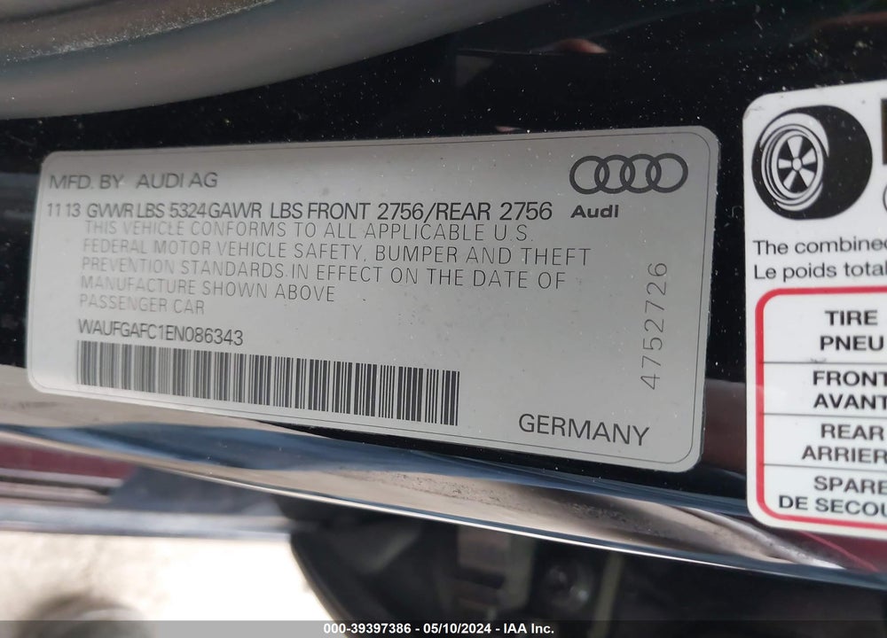 2014 AUDI A6 3.0T PREMIUM PLUS VIN: WAUFGAFC1EN086343