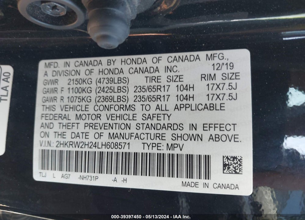 2020 HONDA CR-V AWD LX VIN: 2HKRW2H24LH608571